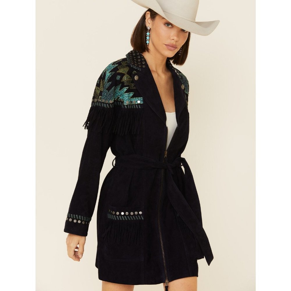 Double D Ranch Black Suede Fringe Jacket with Teal Embroidery